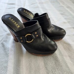 Lauren Ralph Lauren Stasia Sport Leather Platform wooden heel Mule Clog Black